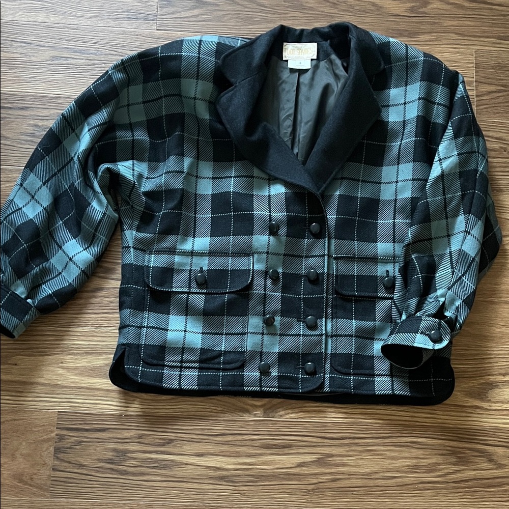 1980s  Black and Blue Plaid Wool Women's Jacket with Full Shoulder Pads